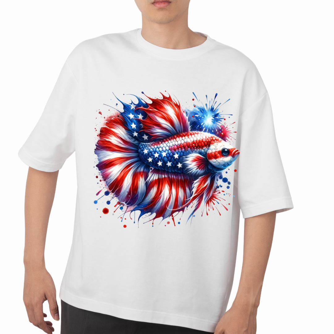 White t-shirt featuring an American flag betta fish shirt design with red white and blue colors