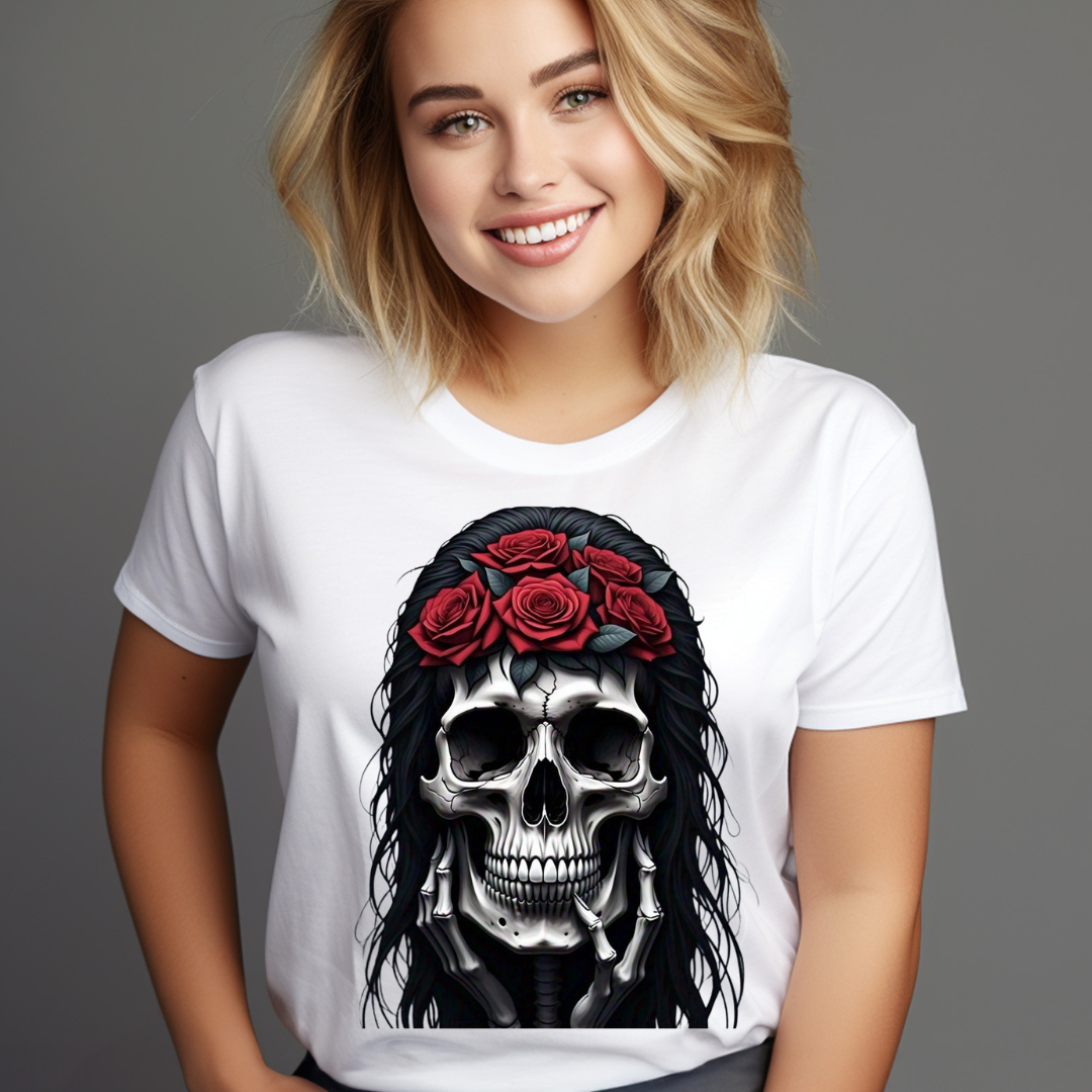 Woman wearing a white customizable creations black skull rose t-shirt with red roses on skull design