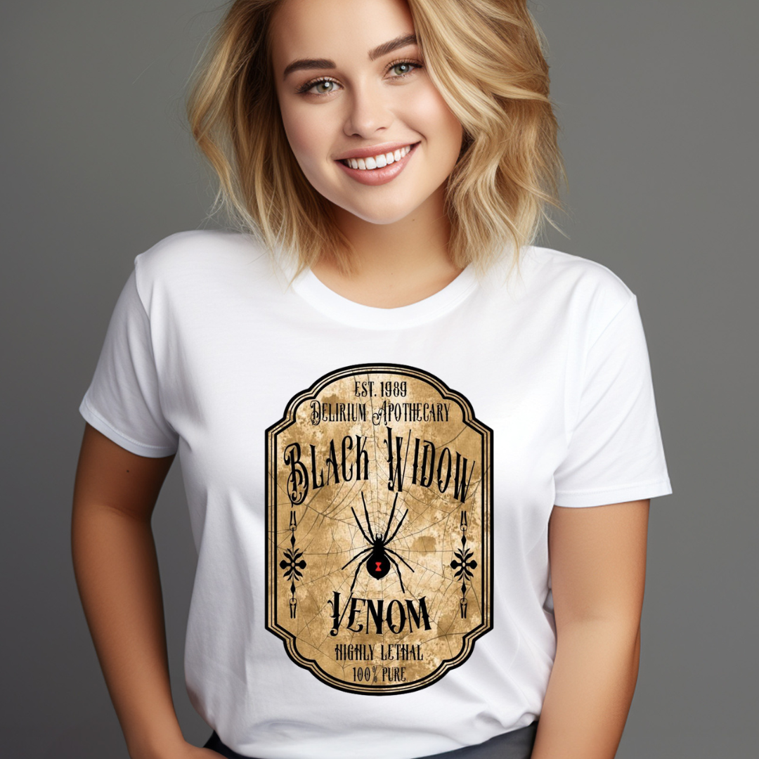 White Black Widow Venom T-Shirt with vintage spider apothecary design worn by smiling woman