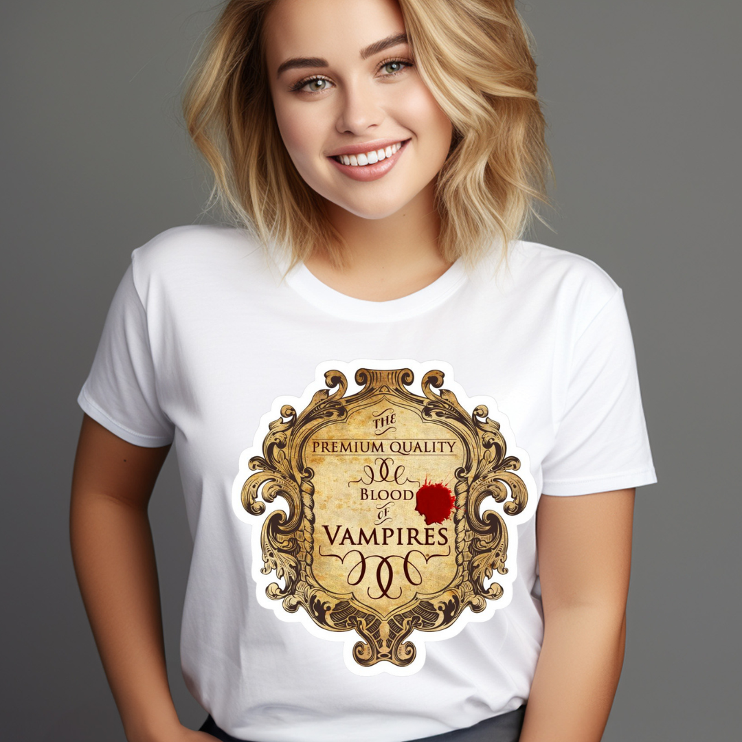 Smiling woman wearing a white blood of vampire shirt with an ornate vintage label design