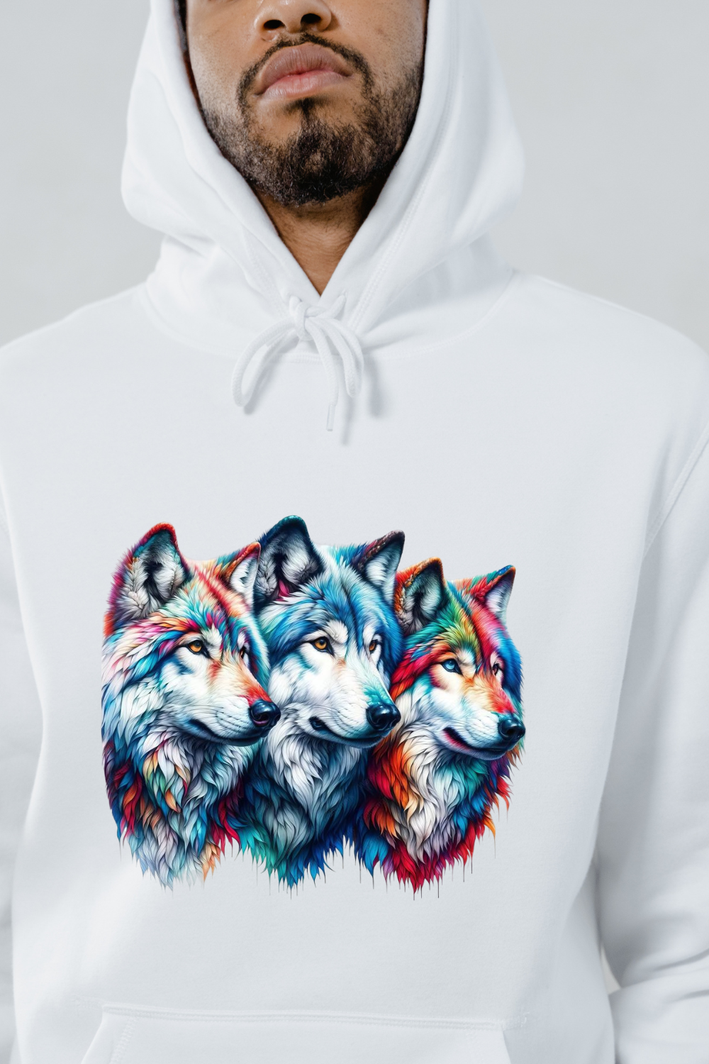 White hoodie featuring a colorful wolf sweatshirt design with three vibrant wolf heads on the front