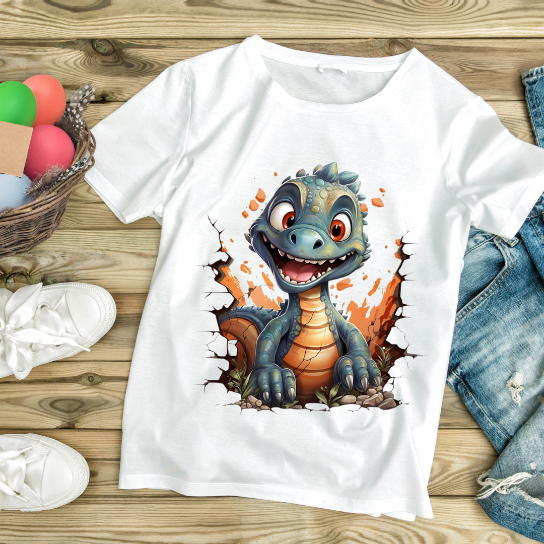 White t-shirt featuring a cute breaking wall dinosaur design by customizable creations