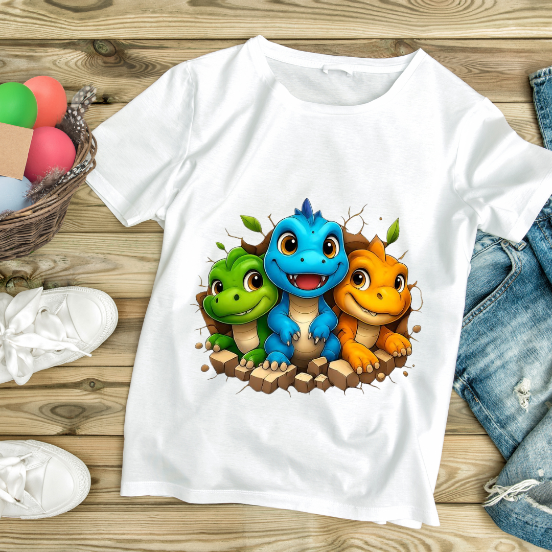 Colorful dino kids shirt featuring three playful green, blue, and orange dinosaurs on a white tee