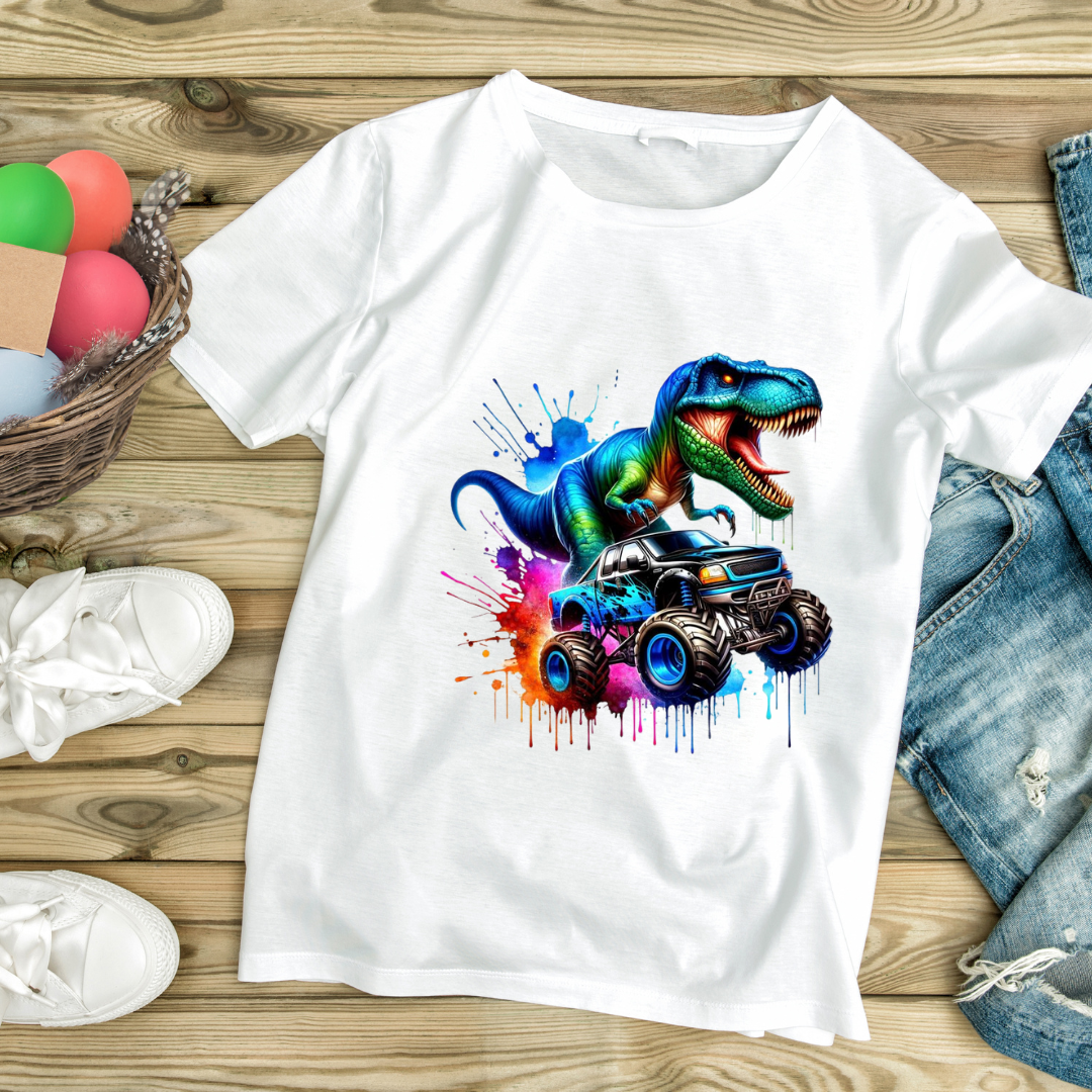White t-shirt with vibrant colorful design of a T-Rex dinosaur riding a monster truck cool monster truck dinosaur clothing