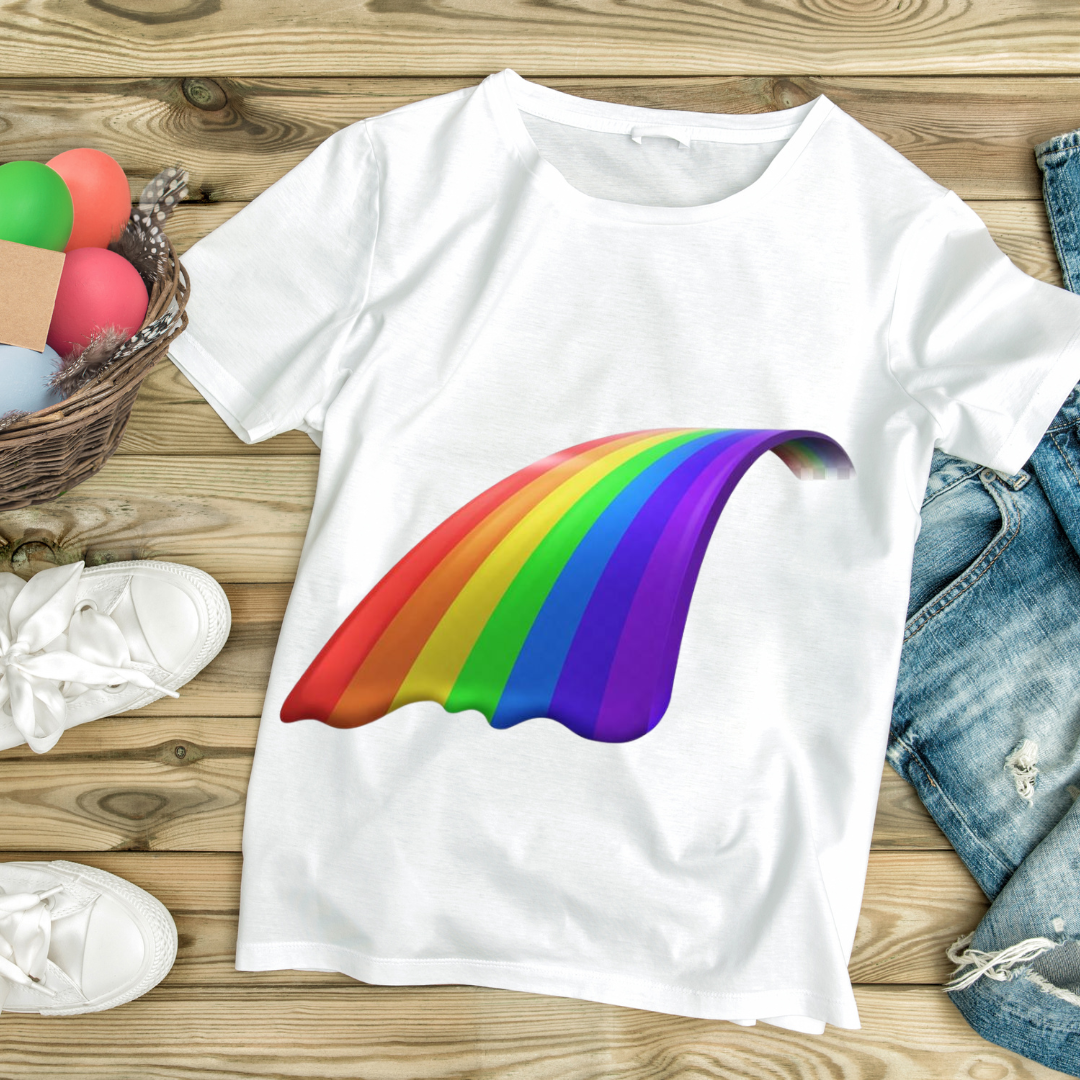 White custom rainbow t-shirts with vibrant 3D rainbow design laid flat with casual shoes and denim shorts