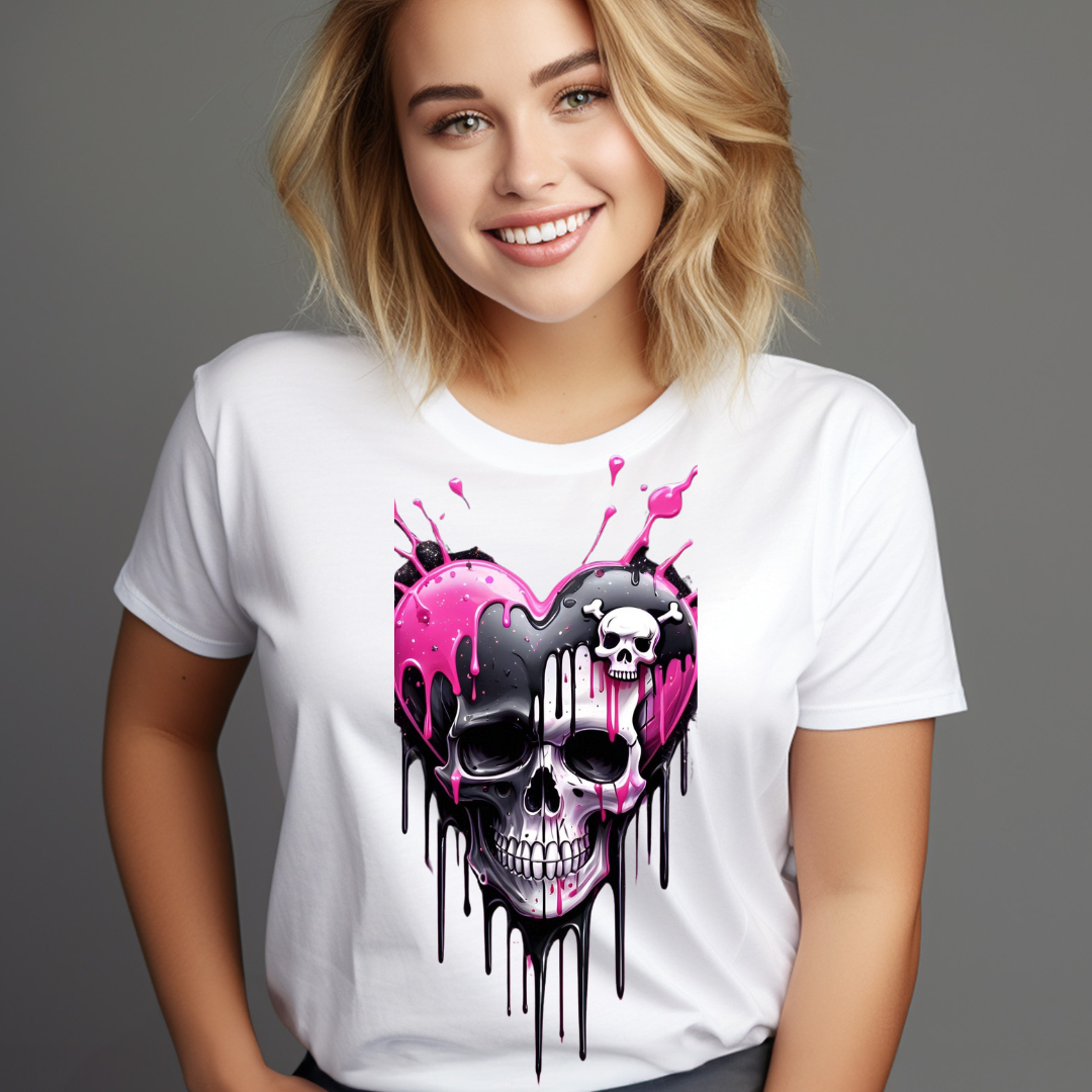 Smiling woman wearing a white custom skull graphic tee with black and pink dripping heart skull design