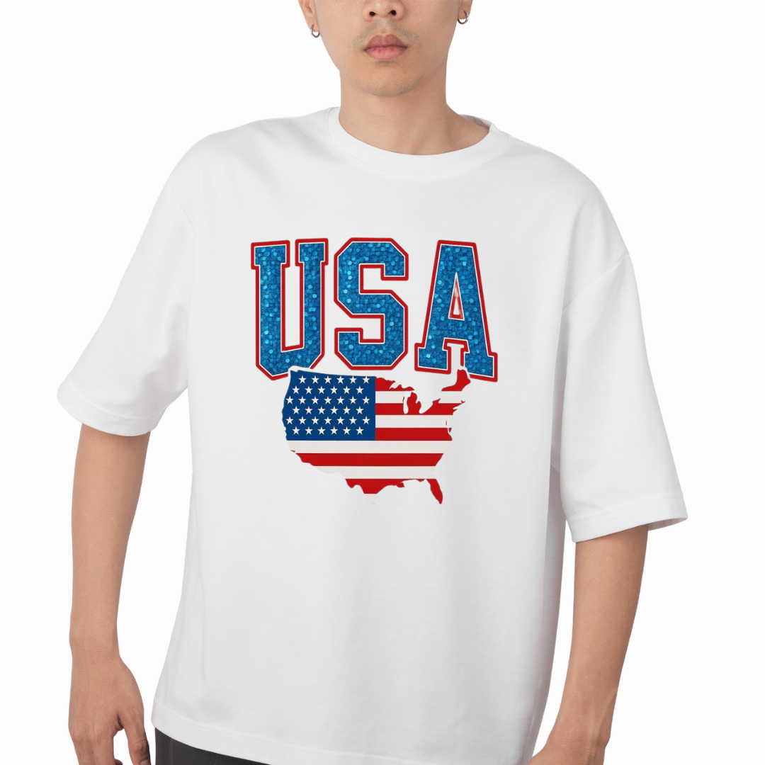 Custom USA t-shirt with Halloween The Boo Crew design in black and orange on white cotton fabric
