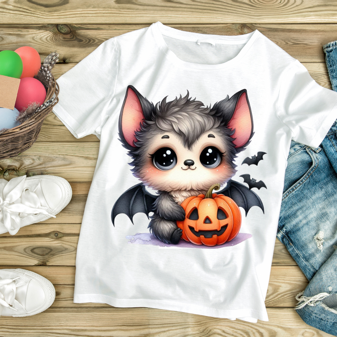 White t-shirt with cute cartoon bat puppy holding a Halloween pumpkin jack o lantern