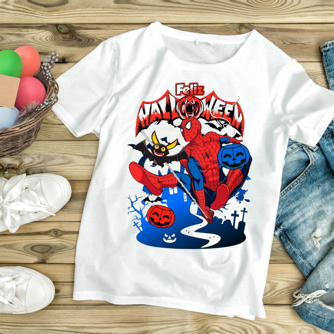 White Feliz Halloween apparel t-shirt featuring Spider-Man with Halloween pumpkins and bats