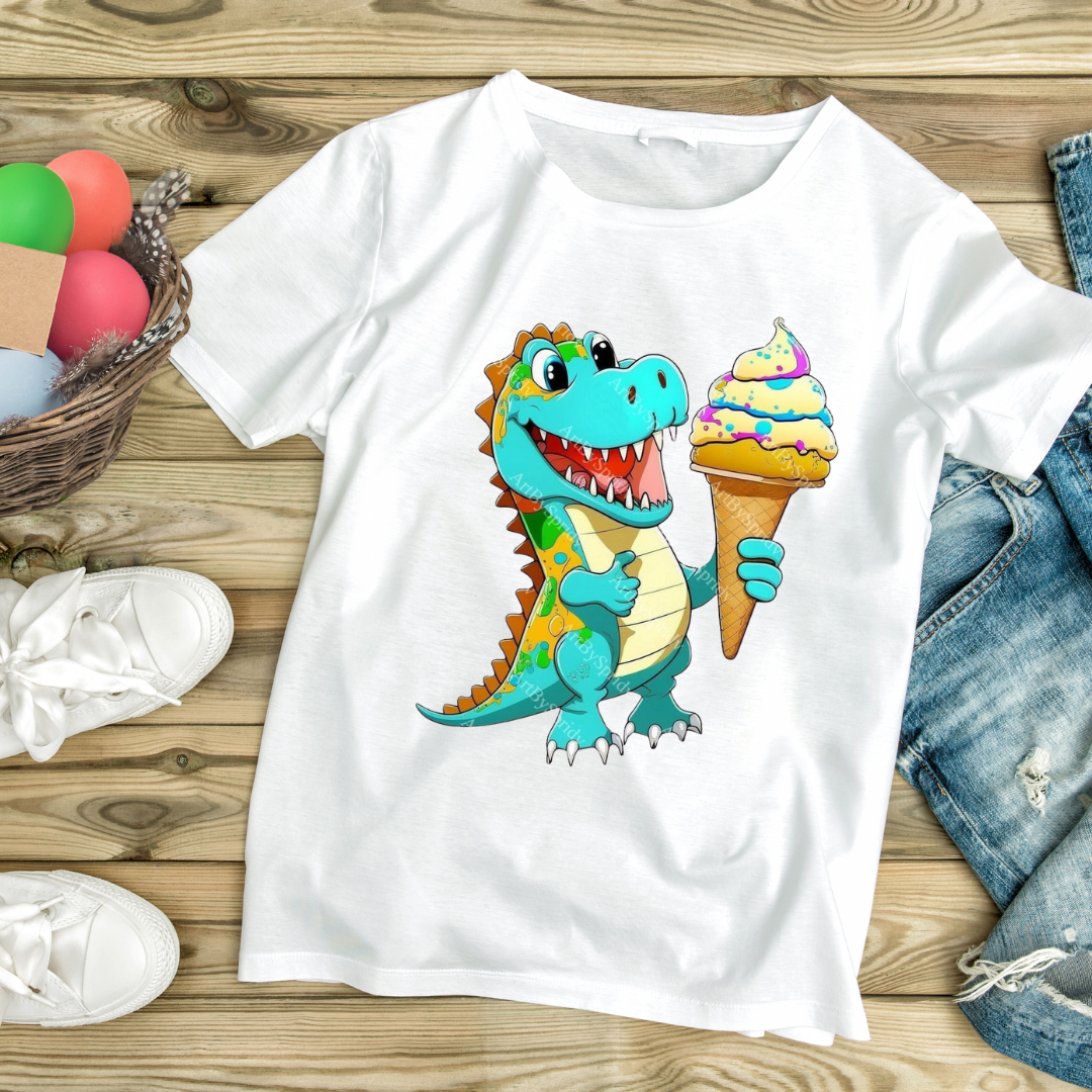 White funny dinosaur graphic tee with a colorful cartoon dinosaur holding an ice cream cone