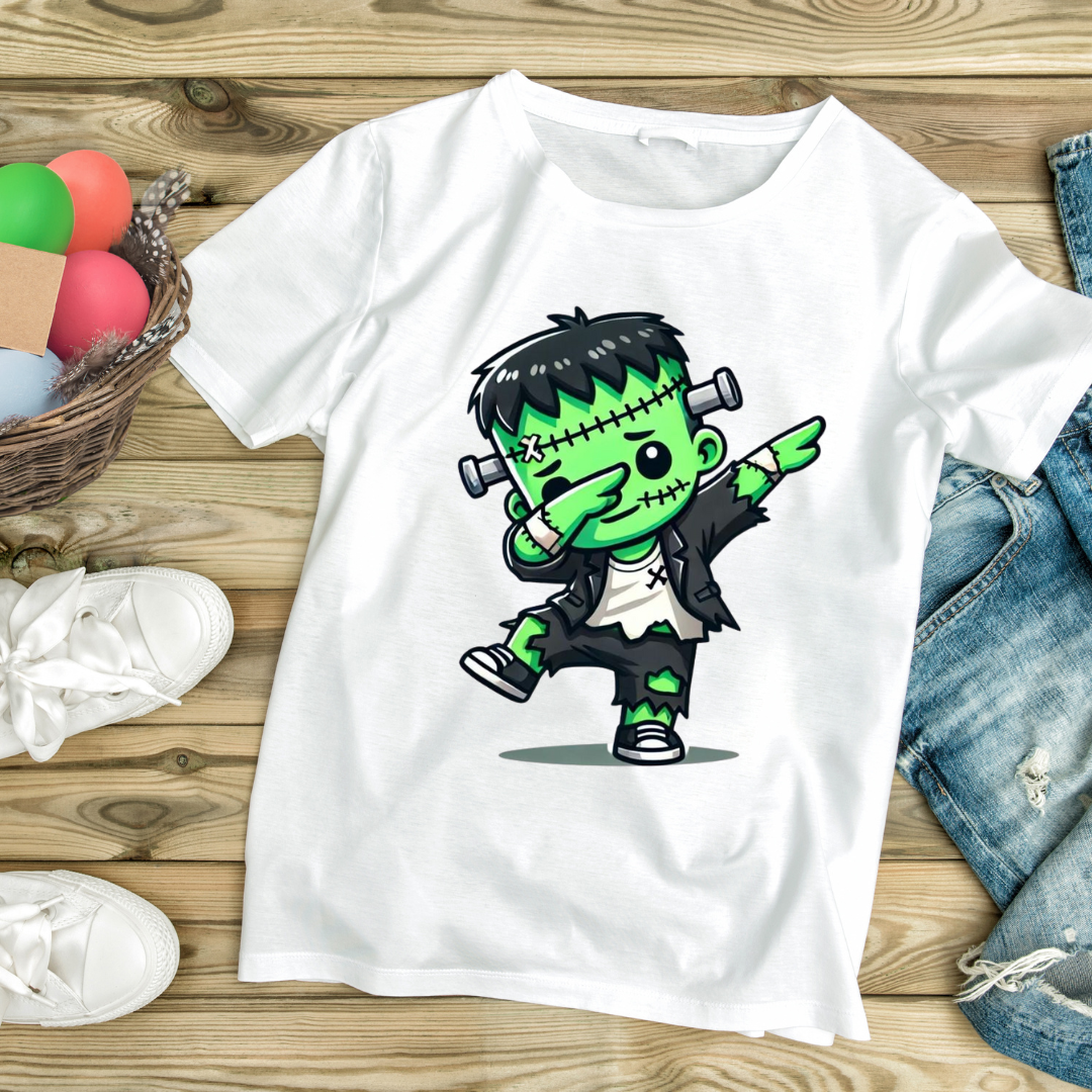 White funny monster graphic tee featuring a dabbing green Frankenstein cartoon on front