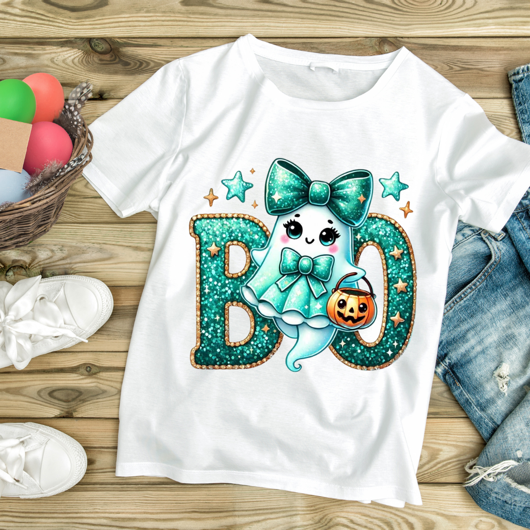 White ghost graphic tee featuring a cute ghost with a teal bow and Halloween pumpkin bucket