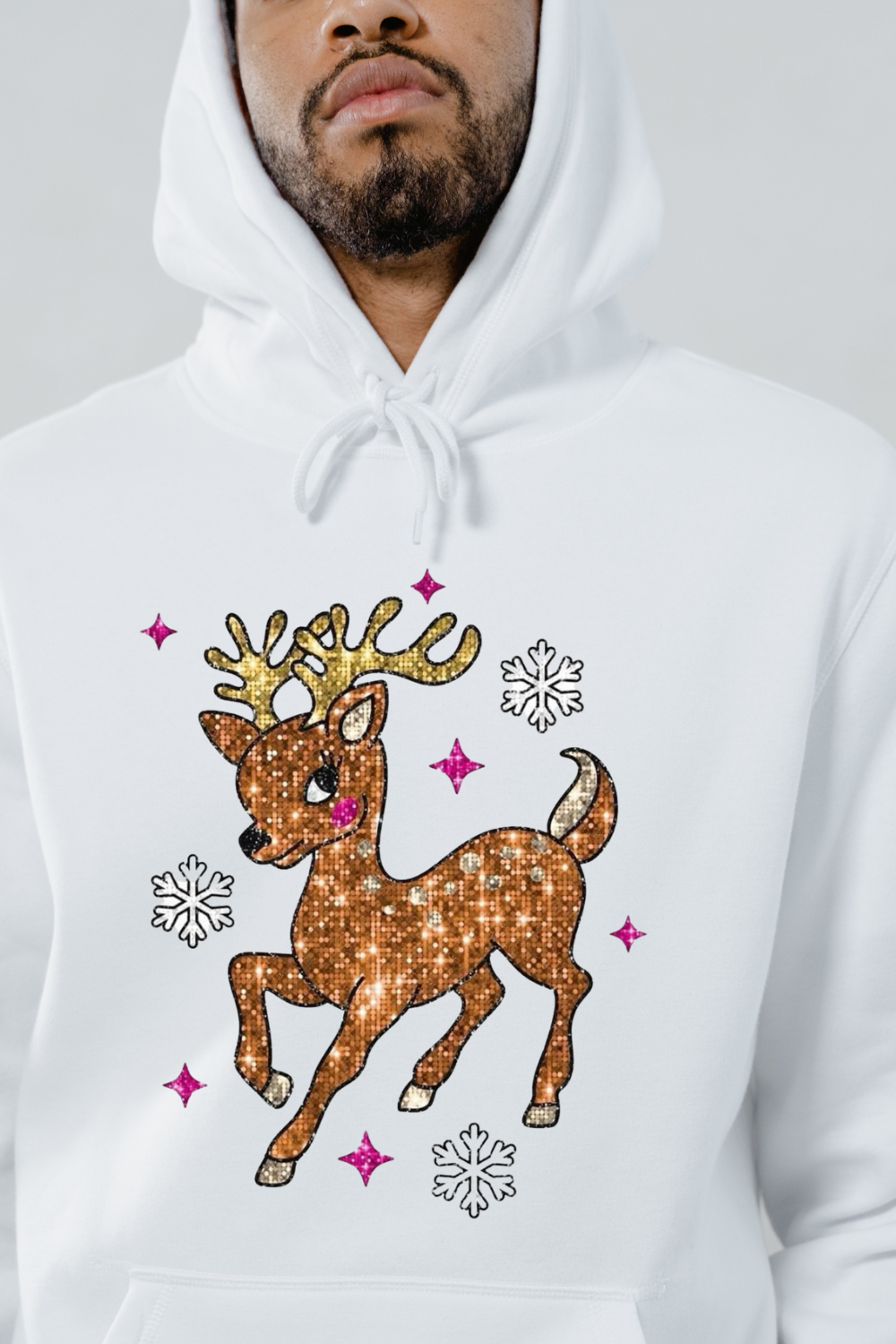 White hoodie with glitter deer hoodie design featuring a sparkling brown reindeer and snowflakes