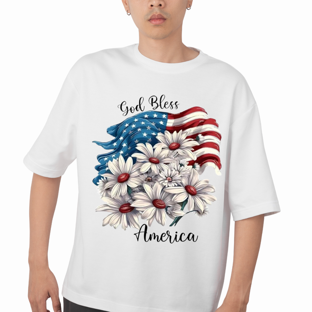 White God Bless America shirt with American flag and white daisies printed on front