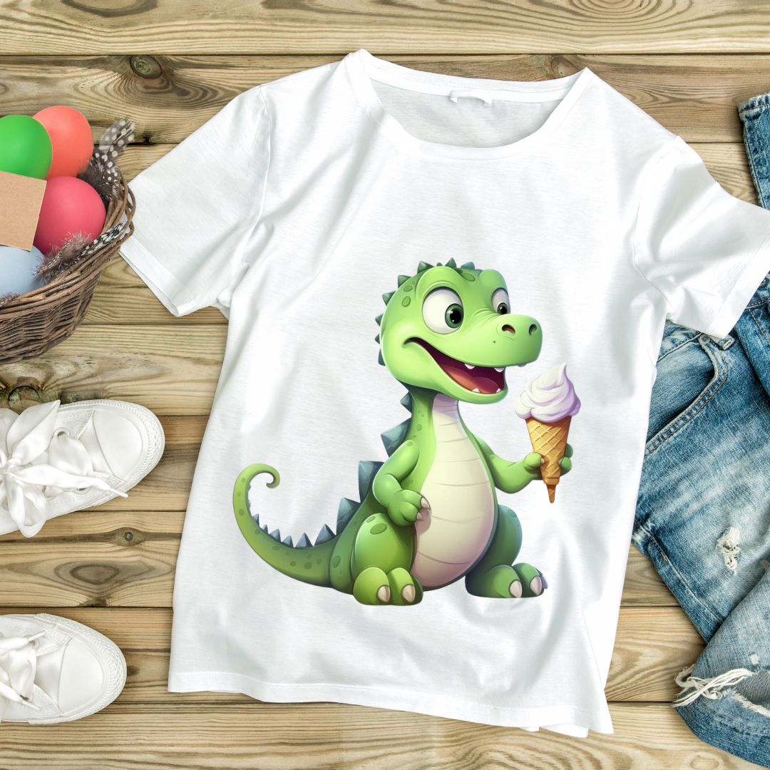 White green dino ice cream shirt featuring a cute cartoon dinosaur holding an ice cream cone