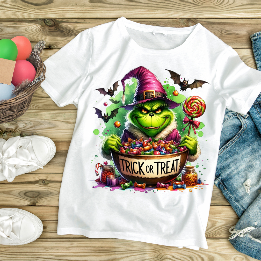 White t-shirt with Grinch in witch hat holding a bowl of candy and lollipop Halloween design unique Halloween gift idea