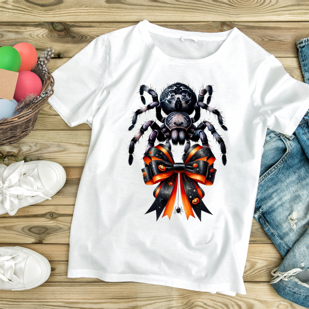 White t-shirt featuring a large Halloween spider bow tie design with black and orange ribbon by customizable creations