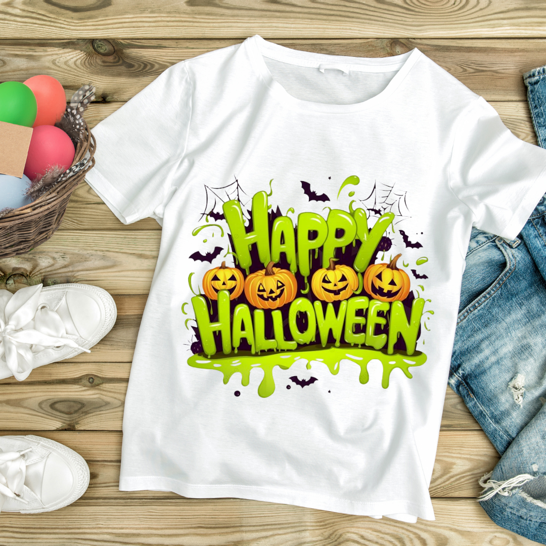 White t-shirt with Happy Halloween pumpkin design for spooky Halloween clothing by customizable creations