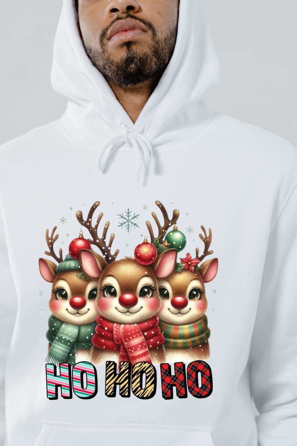 White hohoho hoodie Christmas with cute reindeer wearing scarves and festive ornaments design