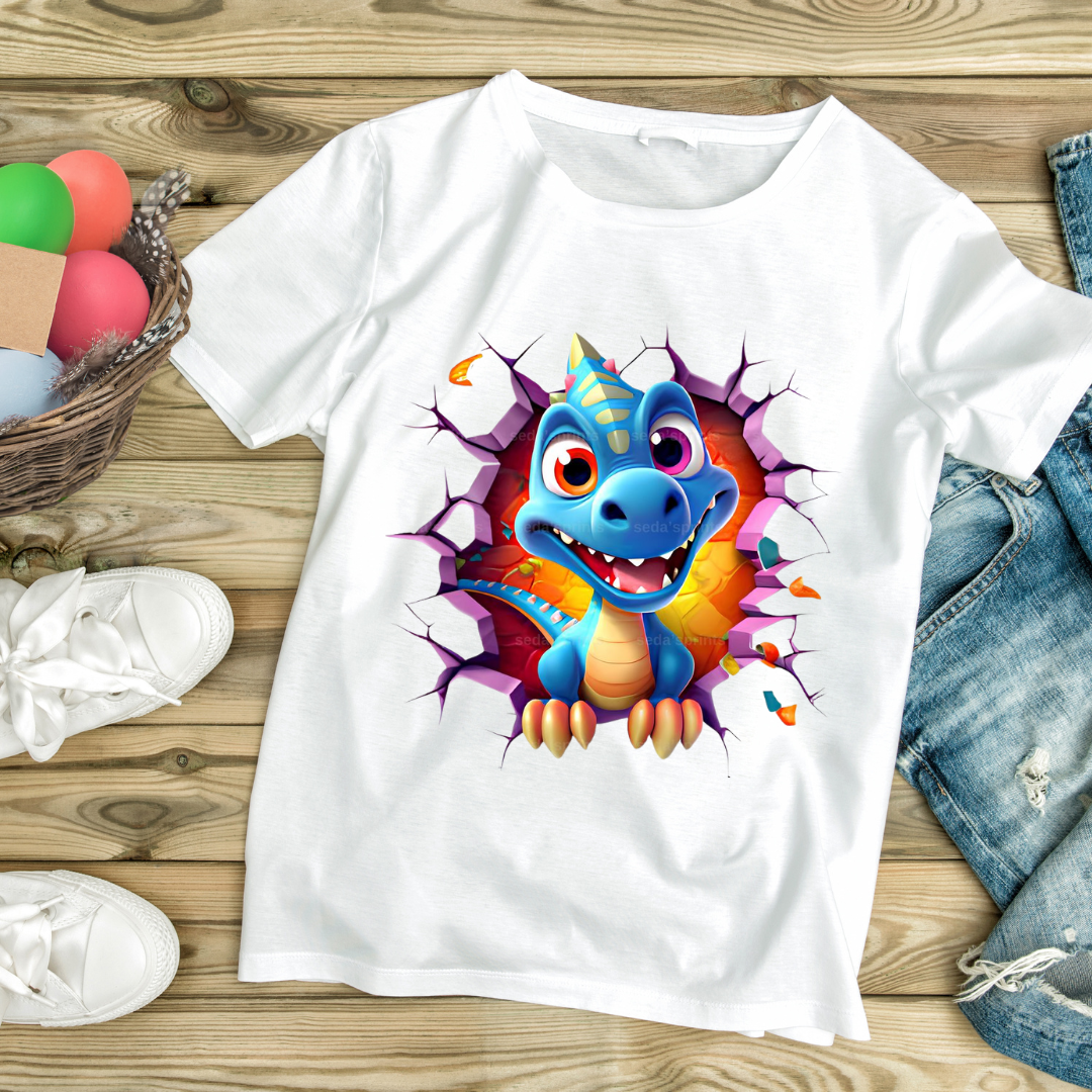 White kids dinosaur graphic tee with colorful cartoon dinosaur breaking through wall design