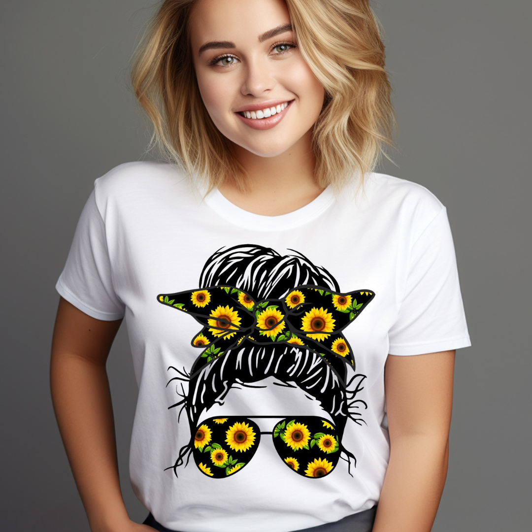 Woman wearing a white customizable creations Messy Bun Bandana tee with sunflower print bandana and sunglasses graphic