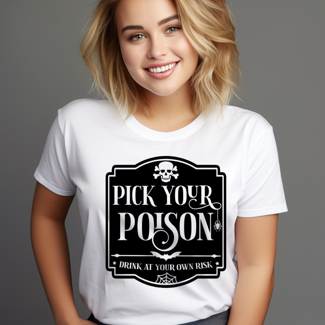 Smiling woman wearing customizable creations white t-shirt with pick your poison apparel design and skull graphic