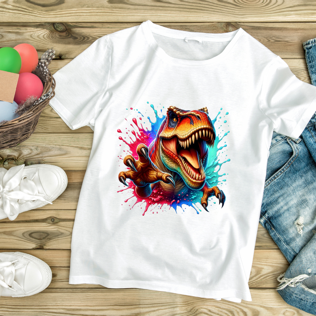 Customizable Creations pink blue t-rex shirt with vibrant dinosaur graphic on white fabric