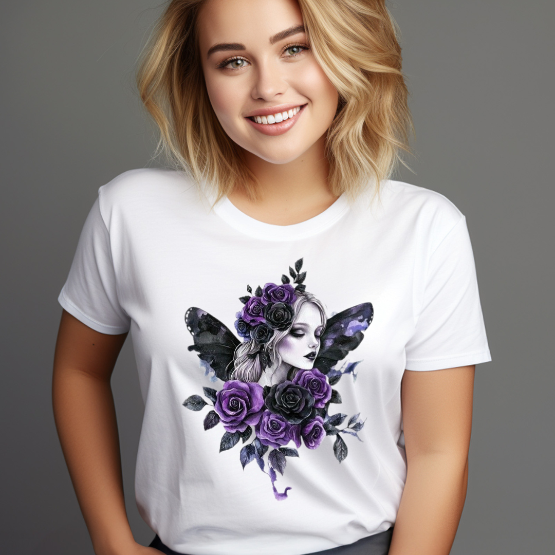 Woman wearing customizable creations purple fairy graphic tee with purple roses and butterfly wings design