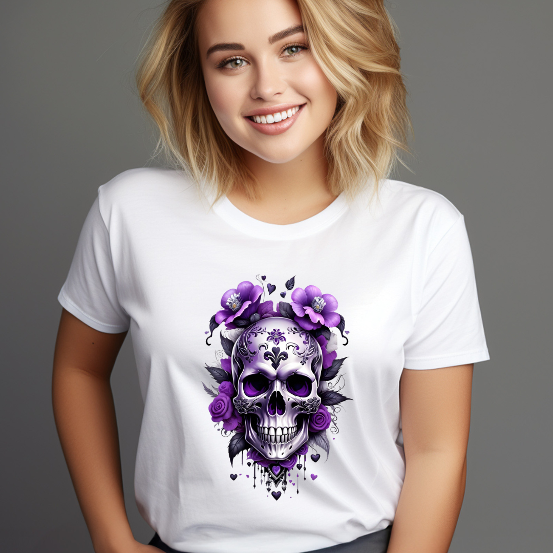 Woman wearing a white customizable creations purple rose skull t-shirt with detailed purple floral skull design