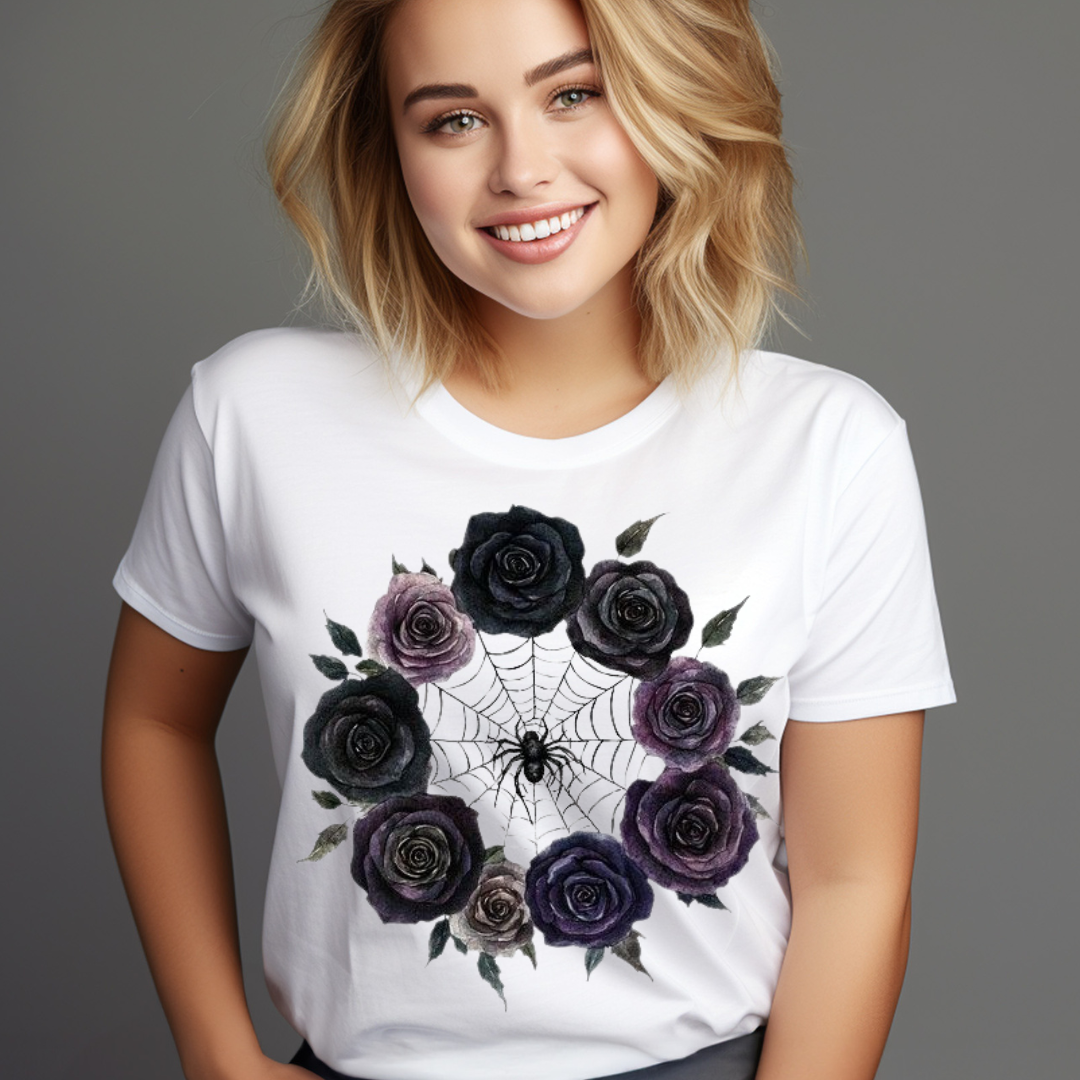 Woman wearing a white rose spider web t-shirt featuring black and purple roses surrounding a spider web design