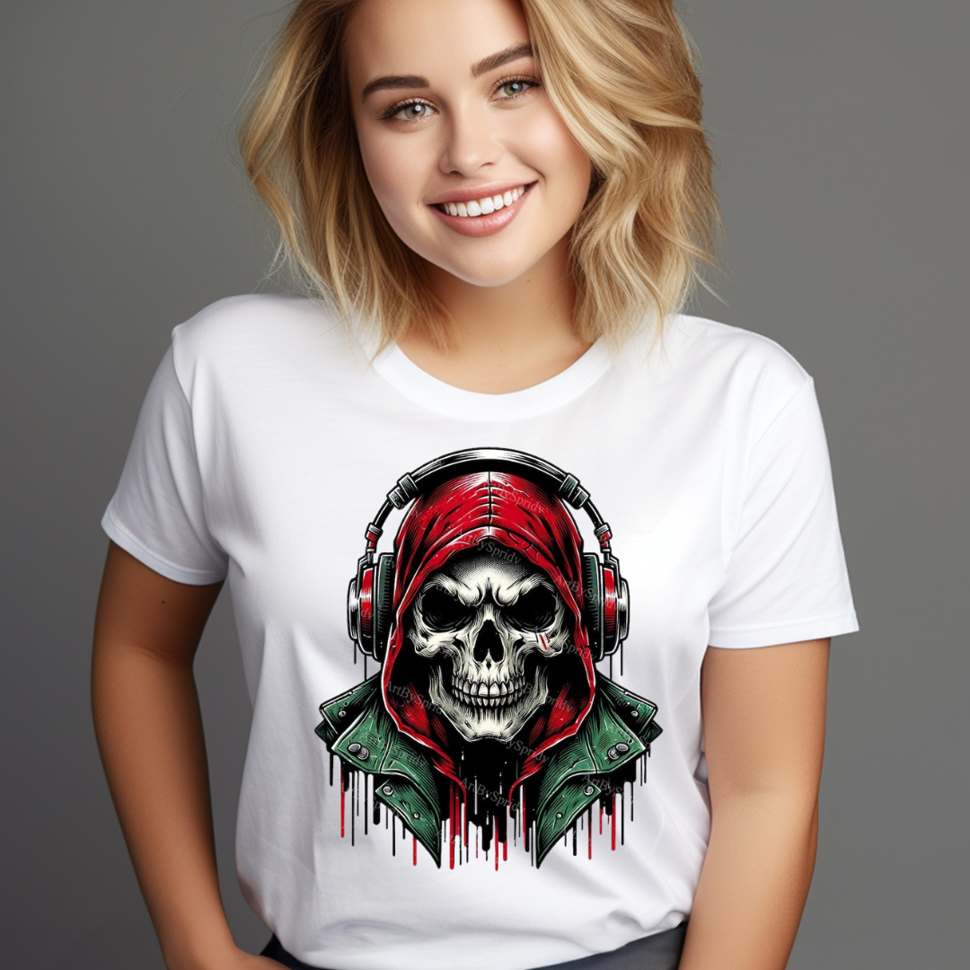 White skull with headphones shirt featuring a skull in a red hood and green jacket graphic