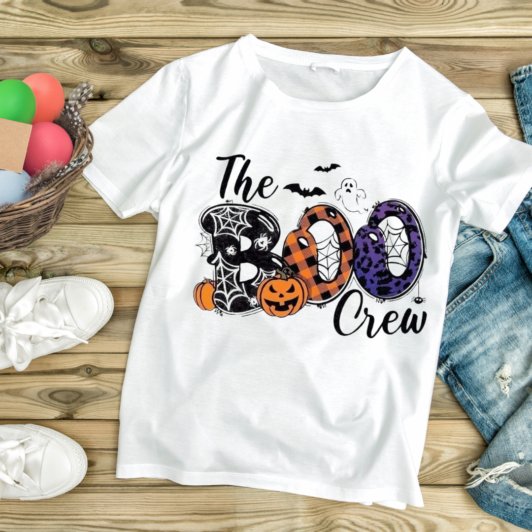 White Halloween The Boo Crew t-shirt with spooky pumpkin and bat design by customizable creations