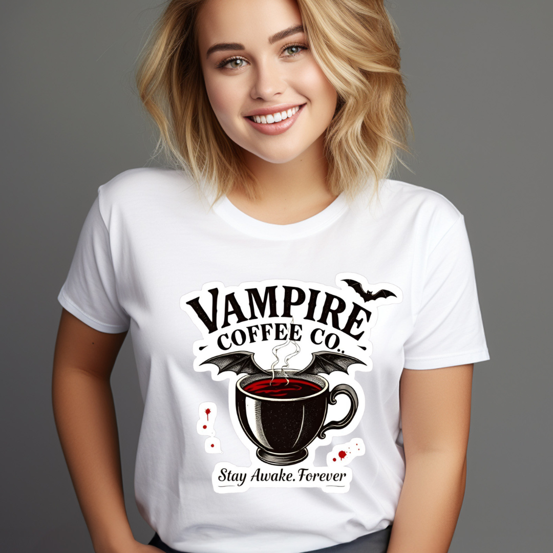 Smiling woman wearing a white Vampire Coffee Co shirt with coffee cup and bat graphic