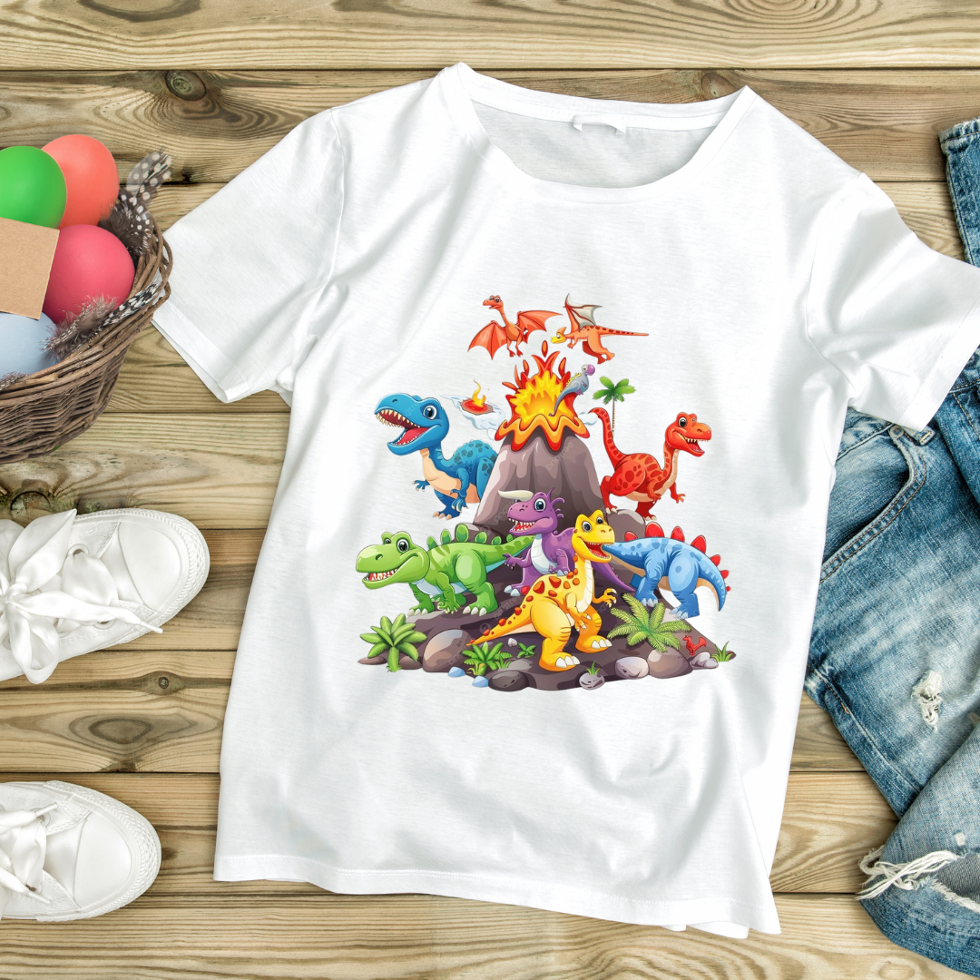 White volcano adventure t-shirt with colorful cartoon dinosaurs and erupting volcano design