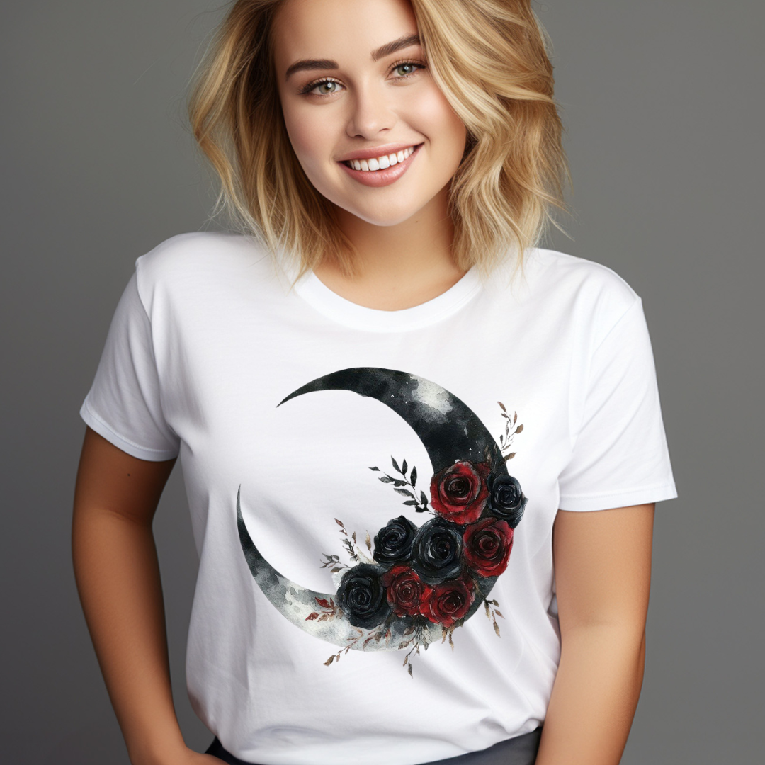 Smiling woman wearing a white gothic moon design t-shirt with black and red roses graphic