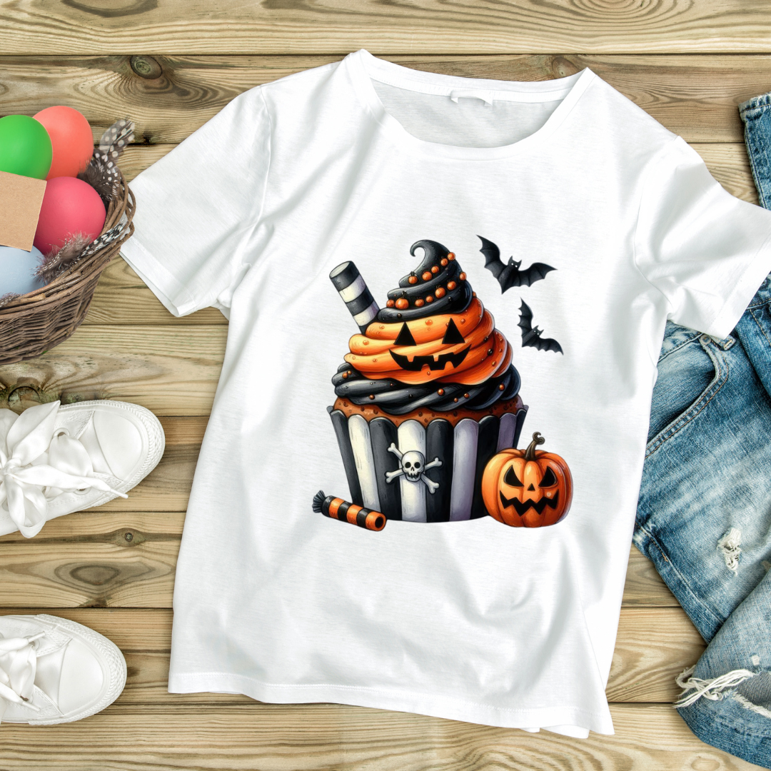 White Halloween cupcake shirt with spooky cupcake design including pumpkin, bats, and candy on wooden background