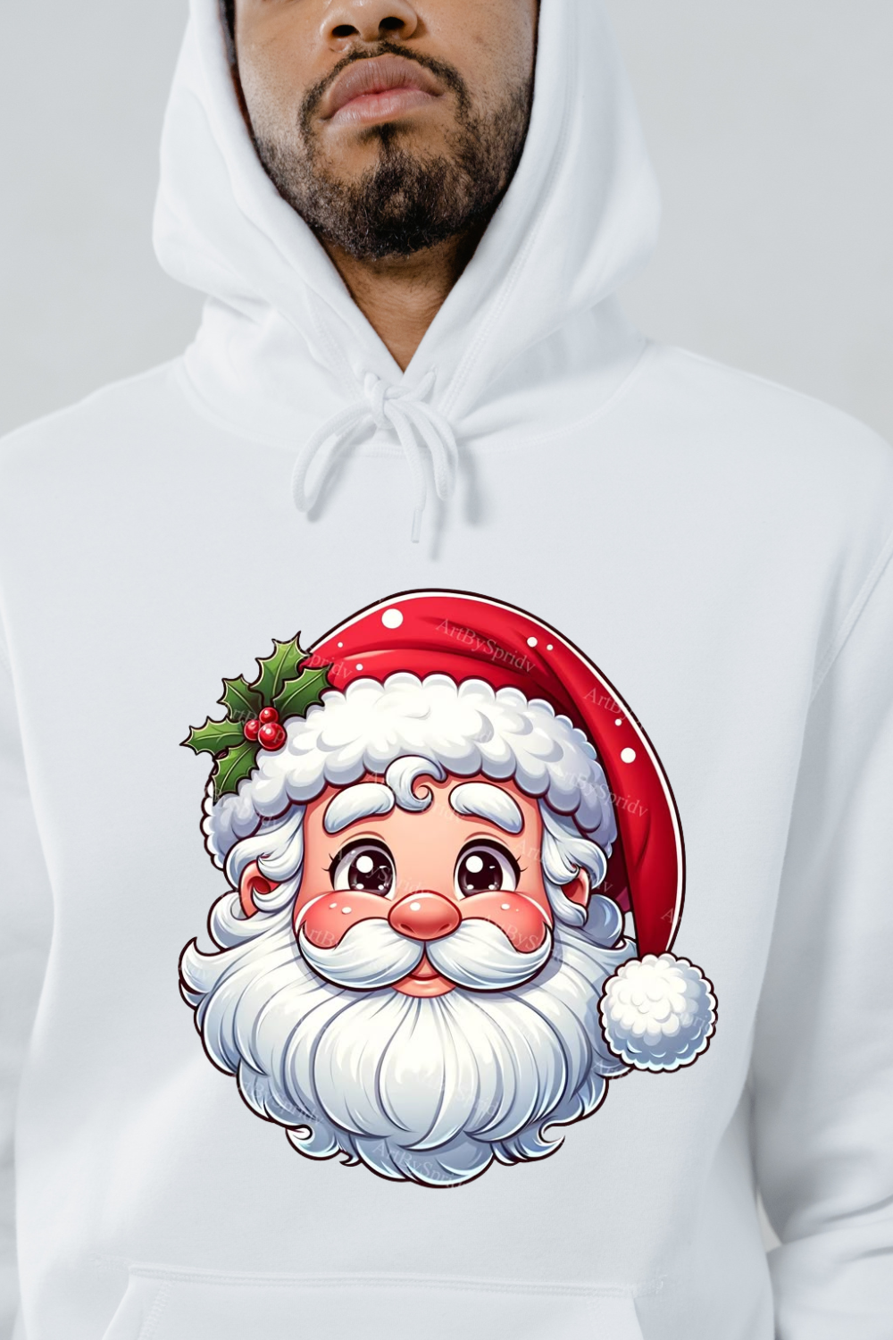 White holiday themed hoodies featuring a cute Santa Claus face with a red hat and holly decoration