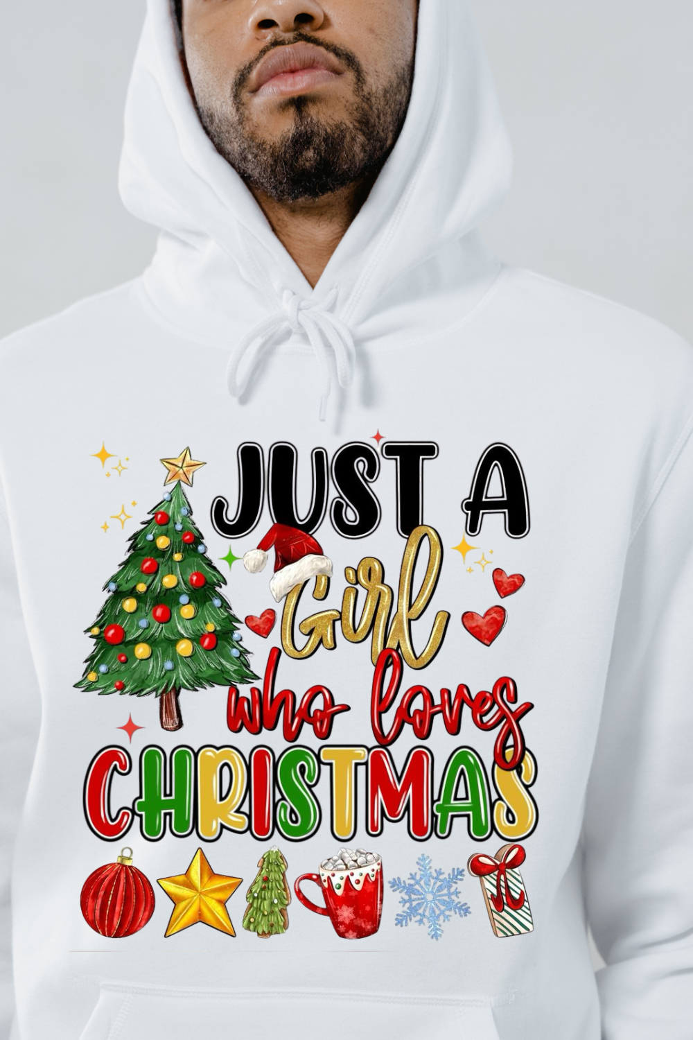 White festive holiday sweatshirt with Christmas tree and colorful holiday-themed text design
