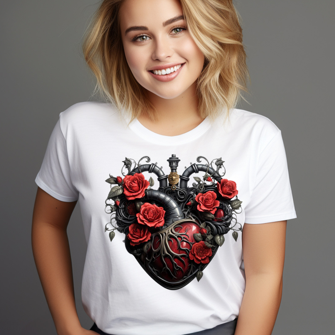 White t-shirt featuring a detailed mechanical heart design adorned with red roses and vines red rose heart t-shirt