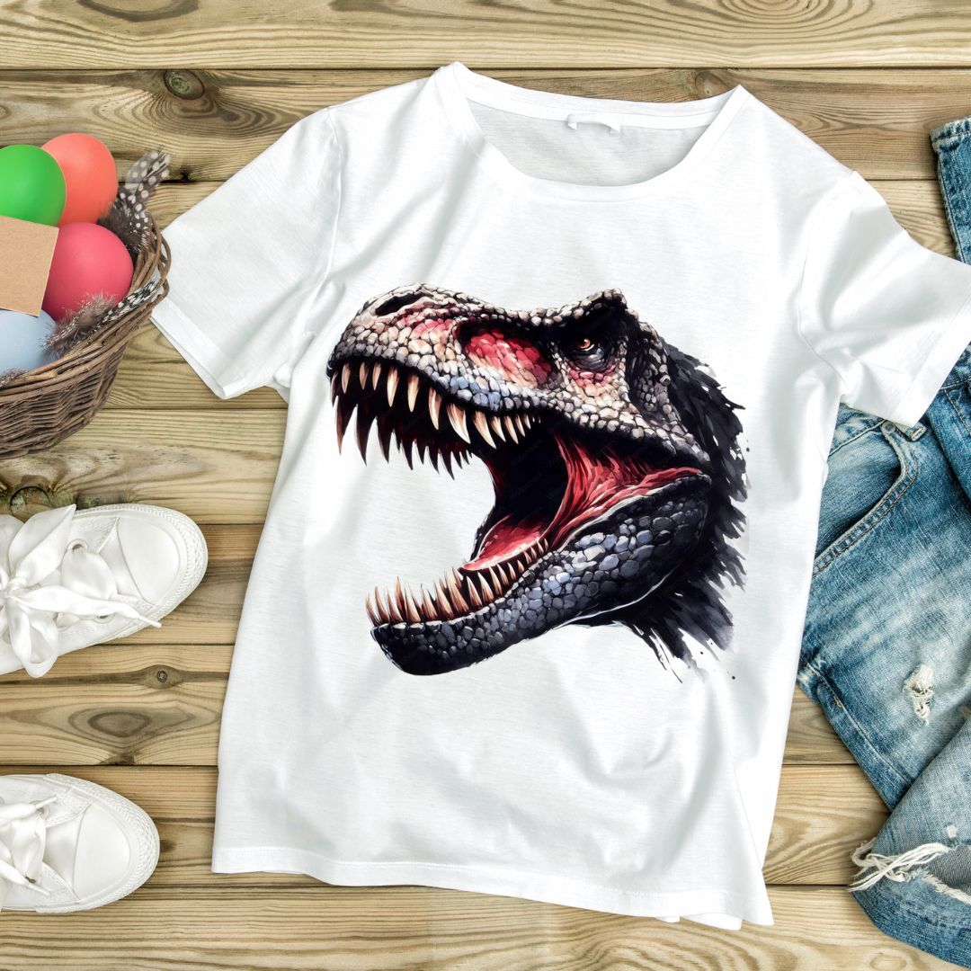 White customizable creations T-Rex design shirt with a fierce roaring dinosaur graphic on front