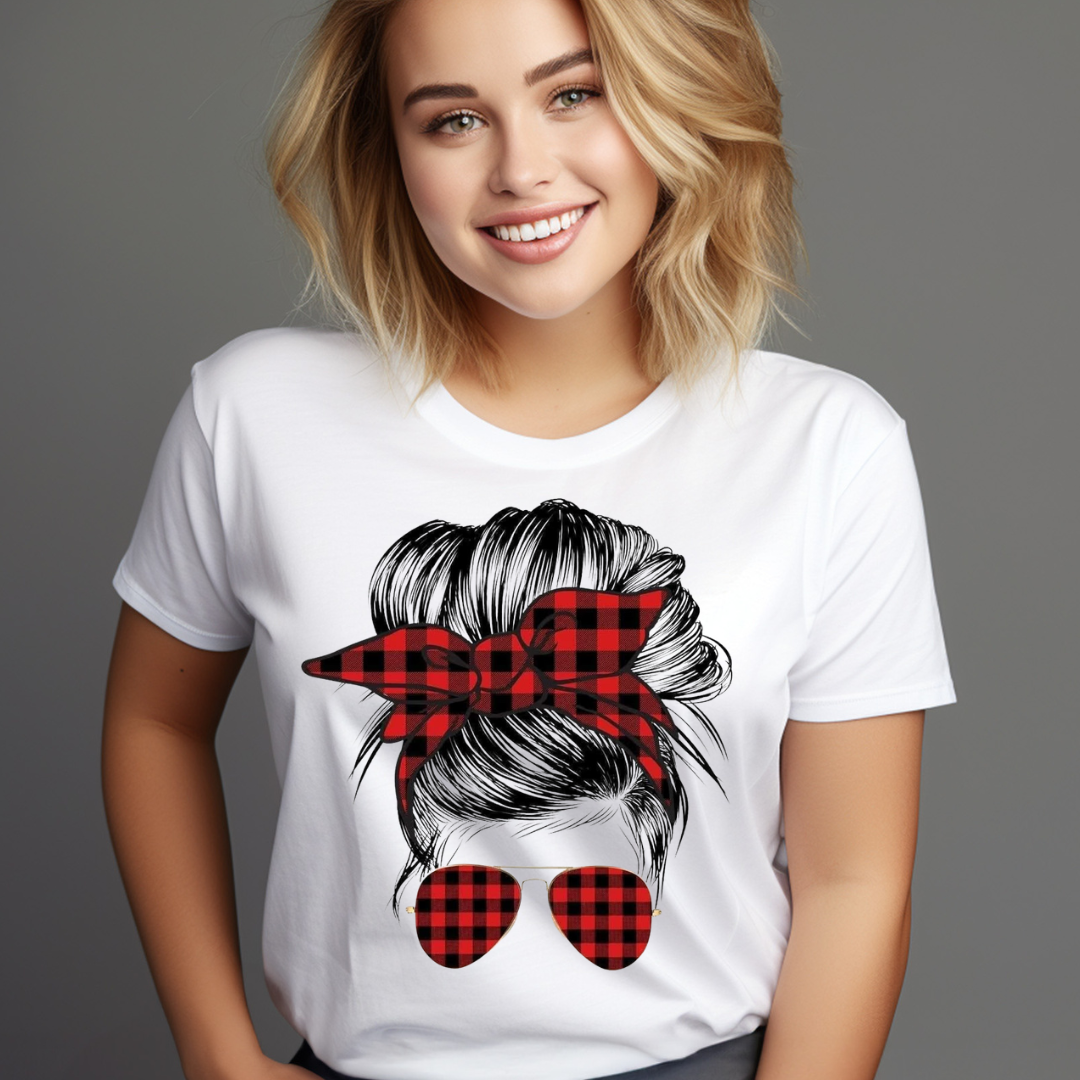 Woman wearing a white t-shirt featuring a trendy messy bun tops design with red plaid bow and sunglasses