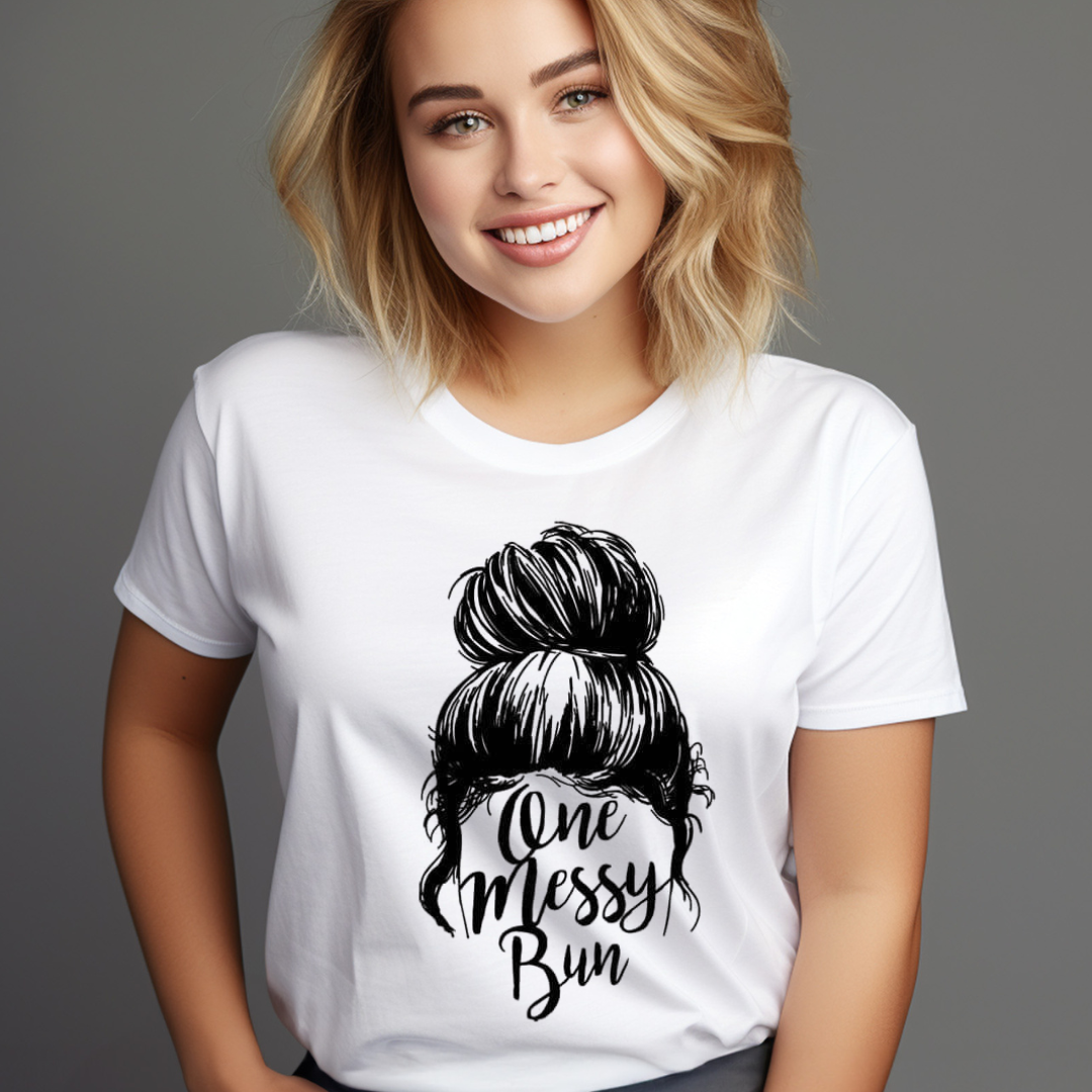 White t-shirt with one messy bun design featuring a stylish messy bun graphic and text