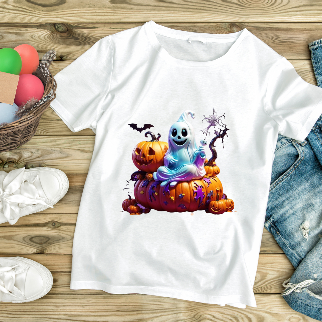 White t-shirt featuring a unique pumpkin ghost design with a smiling ghost sitting on pumpkins