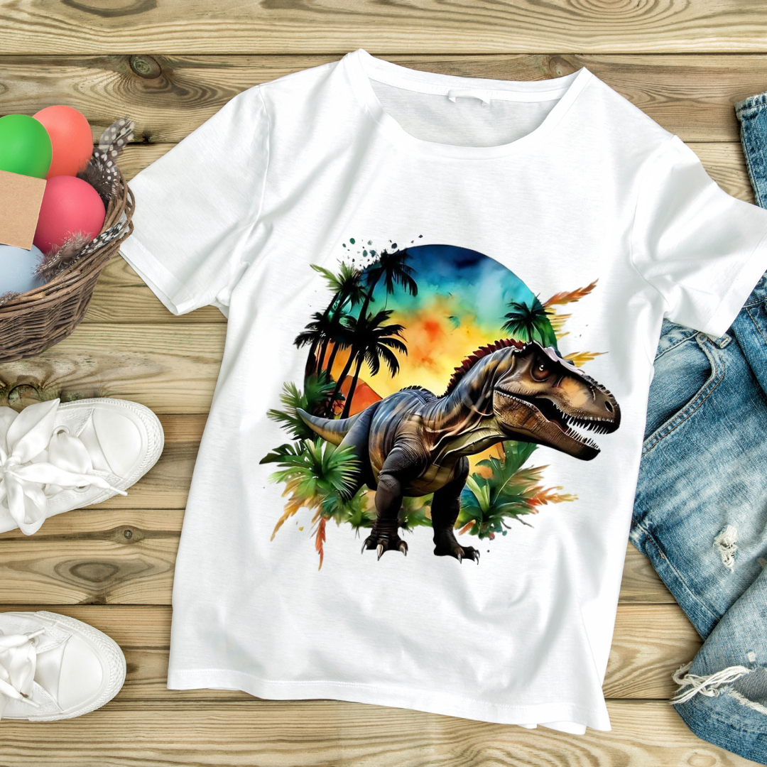 White t-shirt with colorful dinosaur and tropical palm tree graphic print by Customizable Creations