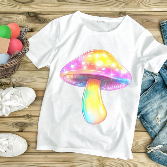 White 3D mushroom graphic tee by Customizable Creations with colorful glowing mushroom design