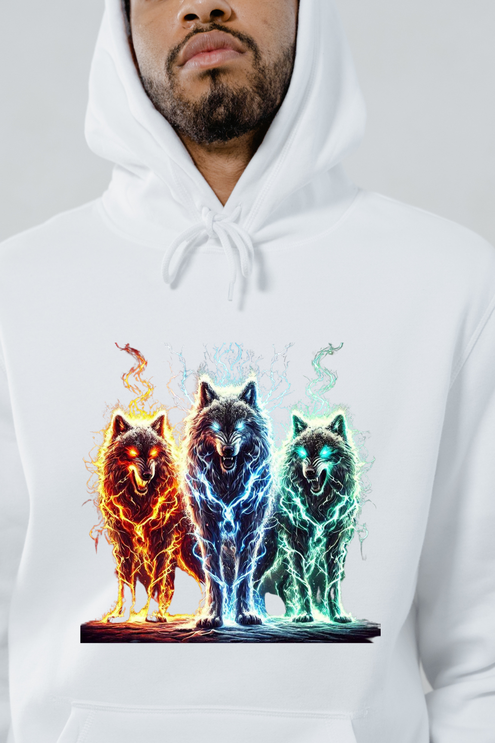 White alpha wolf hoodie with vibrant fiery, electric, and glowing wolf trio graphic design