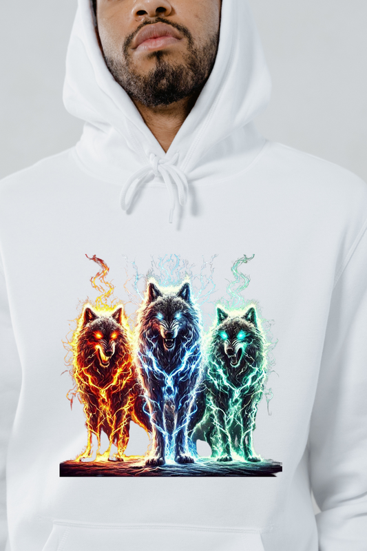 White alpha wolf hoodie with vibrant fiery, electric, and glowing wolf trio graphic design