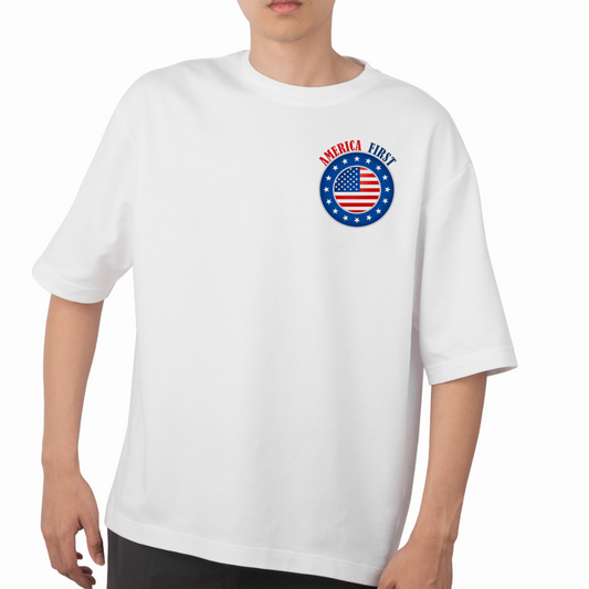 White America First t-shirt with American flag emblem on chest by Customizable Creations