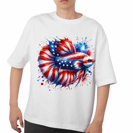 White t-shirt featuring an American flag betta fish shirt design with red white and blue colors