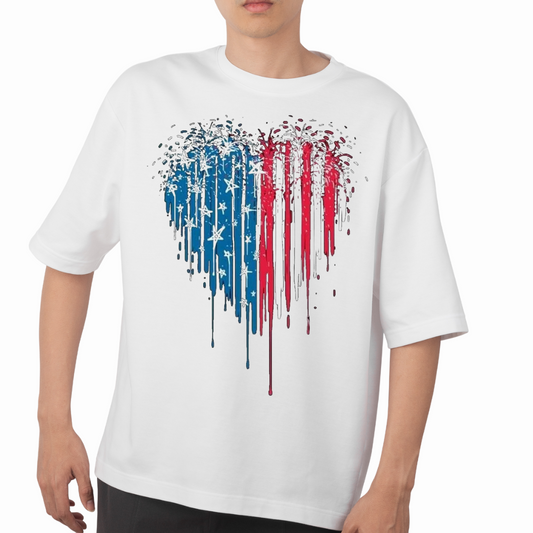 White t-shirt featuring a blue and red American flag heart shirt design with a dripping paint effect